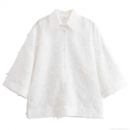 Women's Two-Piece Set 100% Polyester White Tassel Feather Texture Long Sleeve Shirt and Midi Skirt Elegant Streetwear Outfit For Women