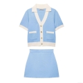 Women's 2 Piece Short Sleeve Knit Skirt Set Sky Blue Cream Color Block Cardigan Top And Mini A-Line Skirt French Chic Outfit Streetwear