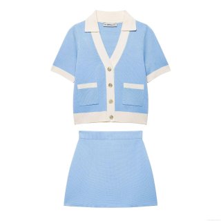Women's 2 Piece Short Sleeve Knit Skirt Set Sky Blue Cream Color Block Cardigan Top And Mini A-Line Skirt French Chic Outfit Streetwear