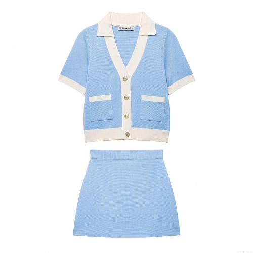 Women's 2 Piece Short Sleeve Knit Skirt Set Sky Blue Cream Color Block Cardigan Top And Mini A-Line Skirt French Chic Outfit Streetwear