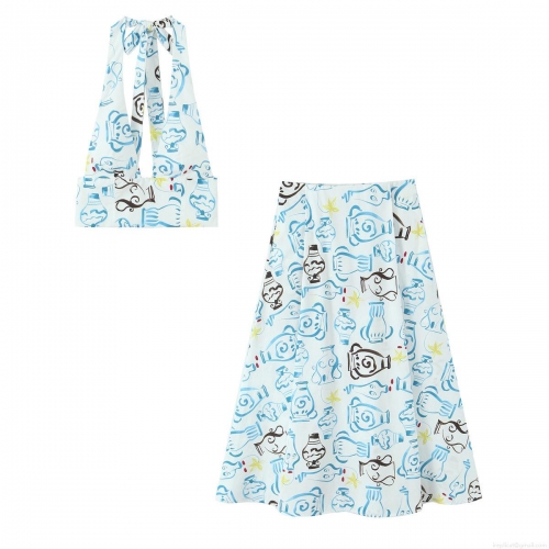 Women's Artistic Ceramic Vase Print Cotton Blend Halter Backless Crop Top And High Waist A-Line Skirt Two Piece Set For Summer Vacation Beach Streetwear