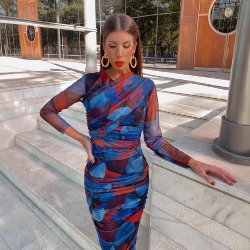 Women's Abstract Print Mesh Two Piece Skirt Set Long Sleeve Ruched Top And Pleated Bodycon Midi Skirt Slim Fit Clubwear Outfit