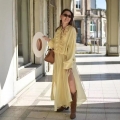 Women Elegant Light Yellow Chiffon Ruffle Long Sleeve Shirt and High Slit Pleated Skirt Set Casual Two Piece Outfits for Vacation Beach Party Streetwear Women