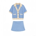 Women Elegant Knitted Two Piece Skirt Set Contrast Trim Short Sleeve V Neck Cardigan Top And Mini Skirt With Gold Buttons Retro Academy Style Outfits Light Blue White