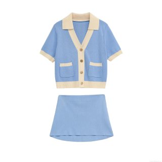 Women Elegant Knitted Two Piece Skirt Set Contrast Trim Short Sleeve V Neck Cardigan Top And Mini Skirt With Gold Buttons Retro Academy Style Outfits Light Blue White