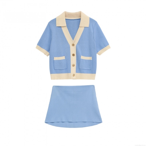 Women Elegant Knitted Two Piece Skirt Set Contrast Trim Short Sleeve V Neck Cardigan Top And Mini Skirt With Gold Buttons Retro Academy Style Outfits Light Blue White
