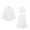Women White Cotton Eyelet Embroidery 3 Piece Skirt Set French Retro Long Sleeve Shirt With Camisole Top And A-Line Midi Skirt For Vacation Streetwear
