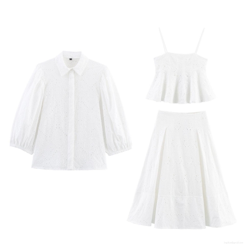 Women White Cotton Eyelet Embroidery 3 Piece Skirt Set French Retro Long Sleeve Shirt With Camisole Top And A-Line Midi Skirt For Vacation Streetwear