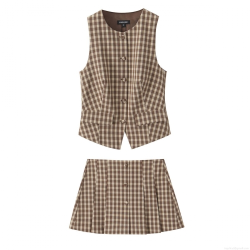 Women Vintage Plaid Vest and Pleated Mini Skirt Two Piece Set Preppy Academy Style Brown Checkered Woven Sleeveless Top and Skirt Suit Outfits