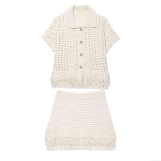 Women's Crochet Knit Two Piece Skirt Set Cotton Blend Hollow Out Tassel Hem Short Sleeve Polo Top And Mini Skirt Casual Vacation Chic Summer Outfit