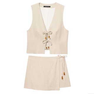 Women's Casual Beige Linen-Look Two-Piece Set Deep V-Neck Tie-Up Crop Vest Top And Wrap Mini Skirt With Wood Beads Summer Beach Vacation Outfit