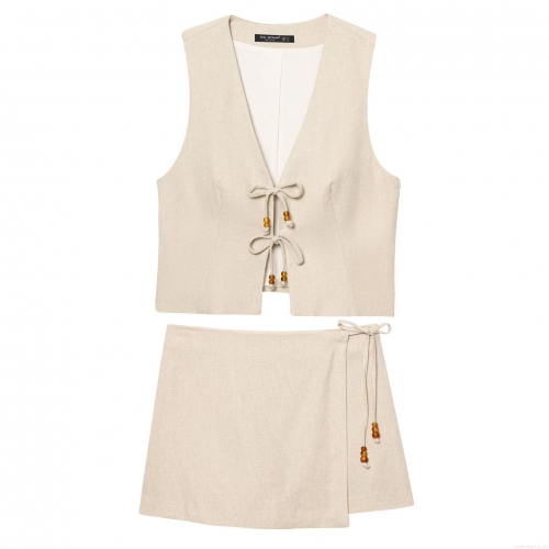 Women's Casual Beige Linen-Look Two-Piece Set Deep V-Neck Tie-Up Crop Vest Top And Wrap Mini Skirt With Wood Beads Summer Beach Vacation Outfit