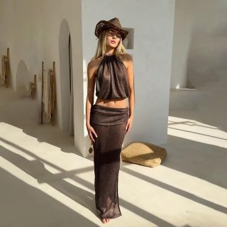 Women Sexy Halter Crop Top And Side Slit Maxi Skirt Two Piece Set Glitter Metallic Knitted Outfits For Summer Vacation Club Party Streetwear