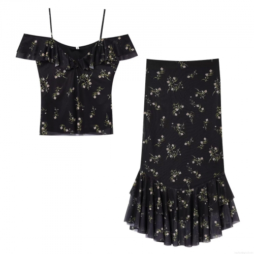 Women's Two-Piece Floral Printed Mesh Cotton Blend Camisole Top and Maxi Skirt Set With Ruffle Trim Streetwear Off-Shoulder Co-ords For Summer Vacation