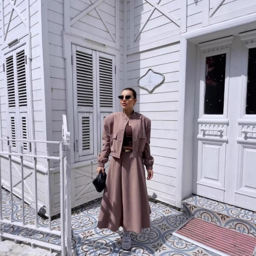 Women's Casual Dusty Rose Two Piece Set Woven Polyester Short Stand Collar Pocket Flight Jacket and High Waist Pleated Midi Skirt Street Style Outfit