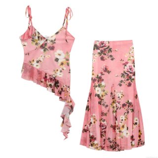 Women's Sexy Pink Floral Print Mesh 2 Piece Set Irregular Ruffle Cami Top And Fishtail Skirt Elegant Casual Party Vacation Outfit