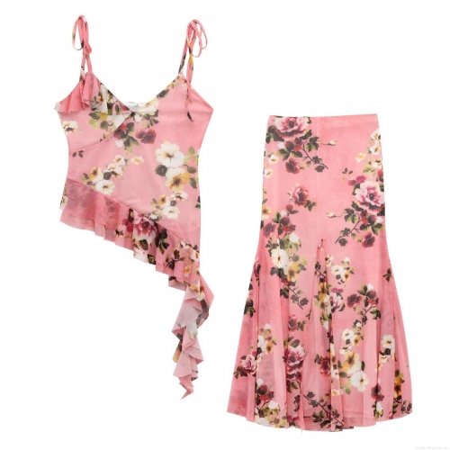 Women's Sexy Pink Floral Print Mesh 2 Piece Set Irregular Ruffle Cami Top And Fishtail Skirt Elegant Casual Party Vacation Outfit