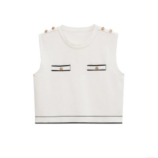 Women's Elegant Knitted Vest Top and Pleated Mini Skirt Set With Contrast Trim Gold Buttons Sleeveless Two Piece Party Streetwear Outfits