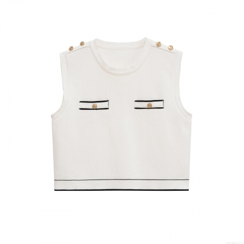 Women's Elegant Knitted Vest Top and Pleated Mini Skirt Set With Contrast Trim Gold Buttons Sleeveless Two Piece Party Streetwear Outfits