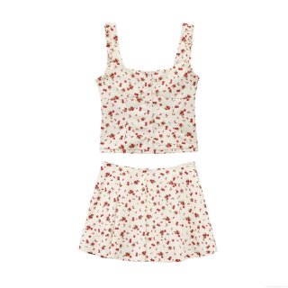 Women's French Floral Two Piece Set Square Neck Ruffle Camisole Top And A-Line Mini Skirt Cotton Blend Summer Outfit For Women