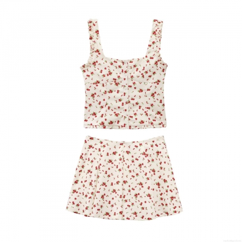 Women's French Floral Two Piece Set Square Neck Ruffle Camisole Top And A-Line Mini Skirt Cotton Blend Summer Outfit For Women