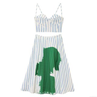 Women Blue White Striped Two Piece Set Corset Crop Top And A-Line Abstract Print Skirt Summer Casual Streetwear Outfits