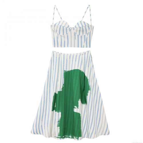 Women Blue White Striped Two Piece Set Corset Crop Top And A-Line Abstract Print Skirt Summer Casual Streetwear Outfits