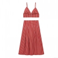 Women's Red and White Striped Summer Two Piece Set Cotton Blend Button Down Crop Top and High Waist A-Line Midi Skirt Casual Streetwear