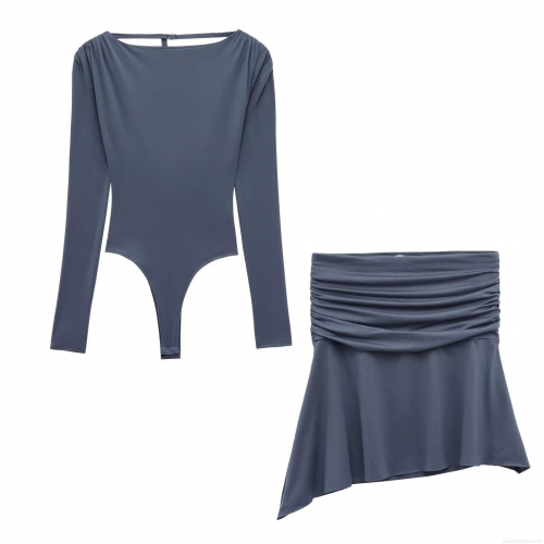 Women's Sexy Backless Long Sleeve Bodysuit and Asymmetric Ruched Mini Skirt Two Piece Set Cotton Blend Streetwear Outfits