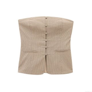 Women's Retro Brown Plaid Two Piece Set Elegant Strapless Crop Top and High Waist Pleated Midi Skirt Cotton Blend Streetwear Fashion Suit