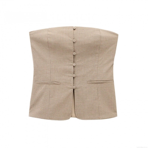 Women's Retro Brown Plaid Two Piece Set Elegant Strapless Crop Top and High Waist Pleated Midi Skirt Cotton Blend Streetwear Fashion Suit