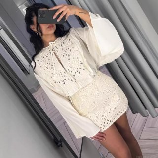 Women's Elegant Lace Crochet Hollow Out Two Piece Set Ivory Long Sleeve Trumpet Sleeve Top And Mini Skirt Embroidery Boho Casual Summer Outfit For Women