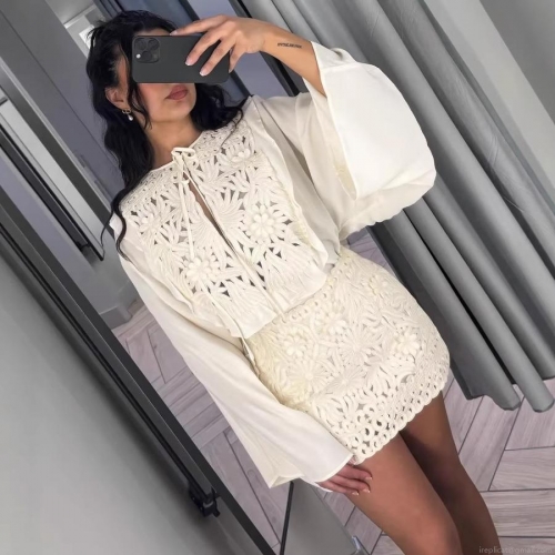 Women's Elegant Lace Crochet Hollow Out Two Piece Set Ivory Long Sleeve Trumpet Sleeve Top And Mini Skirt Embroidery Boho Casual Summer Outfit For Women