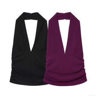 Women Sexy Halter Deep V Neck Ruched Top And High Waist Side Slit Midi Skirt Two Piece Set Solid Color Sleeveless Clubwear Summer Outfits