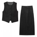 Women's Sleeveless Denim Two Piece Set Round Neck Single Breasted Vest And High Waist Midi Skirt Solid Color Black Cotton Blend Streetwear Casual Outfits For Women