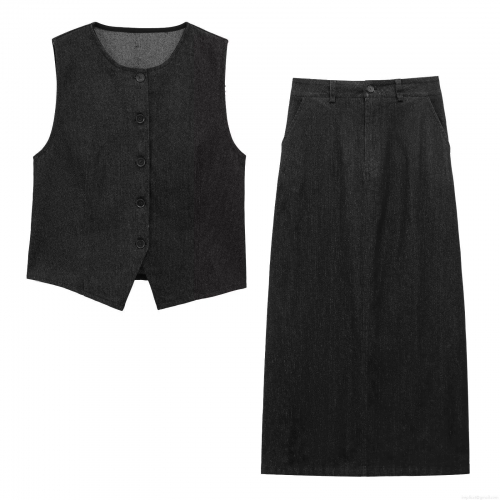 Women's Sleeveless Denim Two Piece Set Round Neck Single Breasted Vest And High Waist Midi Skirt Solid Color Black Cotton Blend Streetwear Casual Outfits For Women