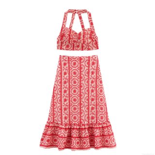 Women's 2 Piece Summer Boho Set Cotton Floral Embroidery Halter Crop Top and Eyelet Ruffle Midi Skirt Vacation Beach Outfits