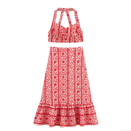 Women's 2 Piece Summer Boho Set Cotton Floral Embroidery Halter Crop Top and Eyelet Ruffle Midi Skirt Vacation Beach Outfits