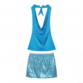 Women's Sexy Bright Blue Sequin Two Piece Set Halter Backless Cowl Neck Tie-Up Top And Sequin Mini Skirt Street Style Summer Party Outfits For Women