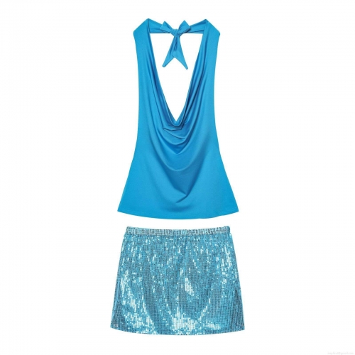 Women's Sexy Bright Blue Sequin Two Piece Set Halter Backless Cowl Neck Tie-Up Top And Sequin Mini Skirt Street Style Summer Party Outfits For Women