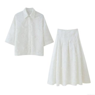 Women's Two Piece Fringe Set Cotton Blend Oversized Shirt And High Waist A-Line Midi Skirt Solid White Streetwear Outfits With 3D Feather Texture