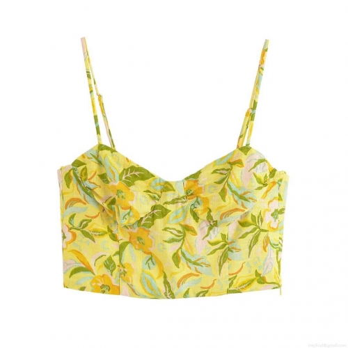 Women Summer Yellow Floral Print Cotton Blend Two Piece Set Short Crop Top And High Waist A-Line Button Down Midi Skirt Vacation Streetwear