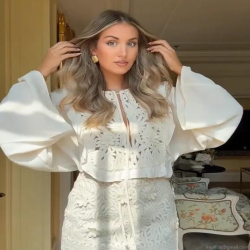 Women's Two Piece Skirt Set White Lace Hollow Embroidery Cotton Blend Flare Sleeve V-Neck Tie Front Top High Waist Mini Skirt Casual Streetwear Vacation Outfit