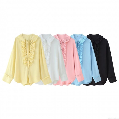 Women's Two Piece Set Ruffle V-Neck Long Sleeve Tie Front Blouse And Drawstring Irregular Hem Skirt Cotton Blend Casual Streetwear Outfit