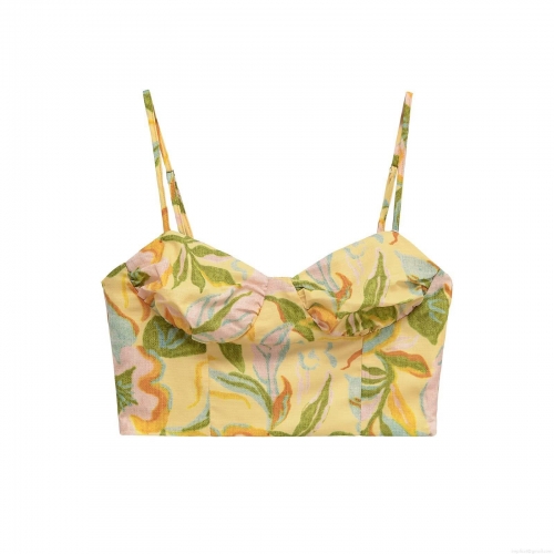 Women Floral Print 2 Piece Set Cotton Blend Ruched Cami Crop Top And High Waist A-Line Midi Skirt Summer Vacation Casual Retro Outfits