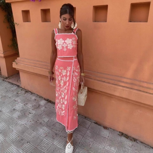 Women's Vacation Two-Piece Set Floral Embroidery Cotton Blend Crop Top And High Slit Maxi Skirt Bohemian Summer Beach Party Embroidered Skirt Set Pink Royal Blue