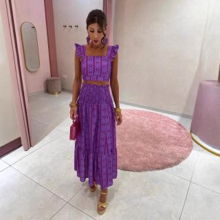 Women's Floral Print 2 Piece Set Cotton Blend Ruffle Crop Top And High Waist Tiered Maxi Cake Skirt Bohemian Vacation Style Casual Summer Outfit