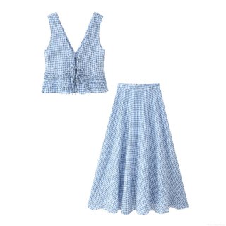 Women's Summer 2 Piece Skirt Set Blue White Gingham V Neck Sleeveless Top With Ruffle A Line Maxi Skirt Casual Seersucker Cotton Blend Outfits