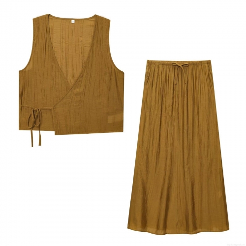Women's 2 Piece Skirt Set V Neck Sleeveless Wrap Top High Waist Midi Skirt Cotton Blend Crinkled Crepe Fabric Summer Casual Streetwear Outfits