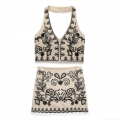Women Halter V-Neck Embroidery Crop Top And Mini A-Line Skirt 2 Piece Set Cotton Blend Floral Bohemian Ethnic Beige Summer Vacation Suit